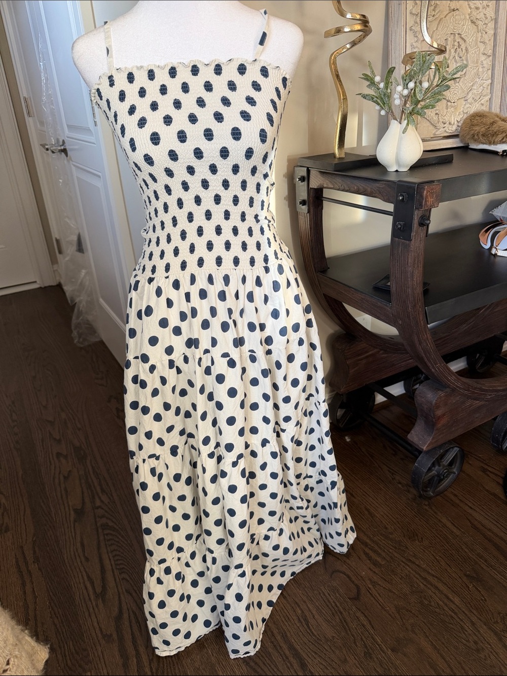 Peixoto White Midi Dress with Navy Polka Dots